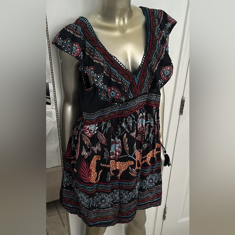 Anthropologie Dress V-Neck Plunge Tunic Ruffle Sleeves Tie Back top Mini Size M
